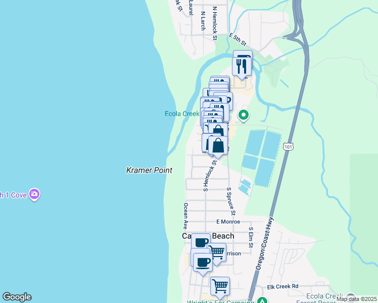 map of restaurants, bars, coffee shops, grocery stores, and more near 116 North Laurel Street in Cannon Beach