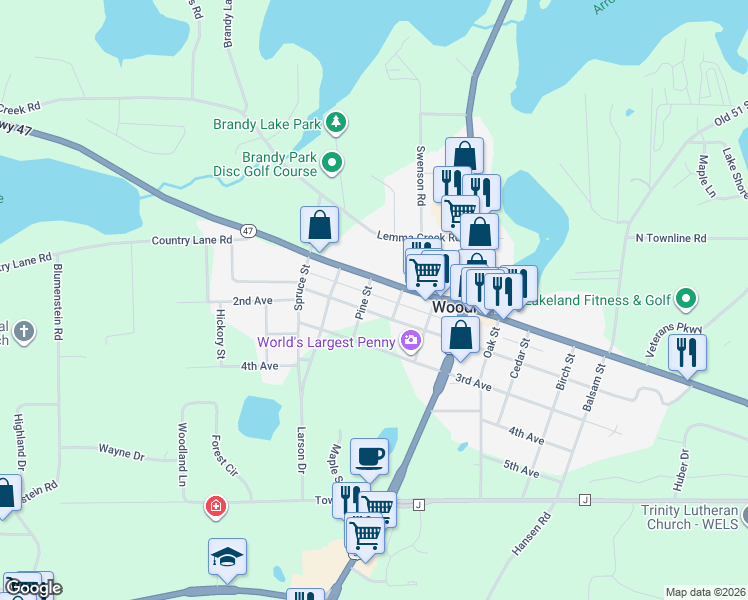 map of restaurants, bars, coffee shops, grocery stores, and more near 715 1st Avenue in Woodruff