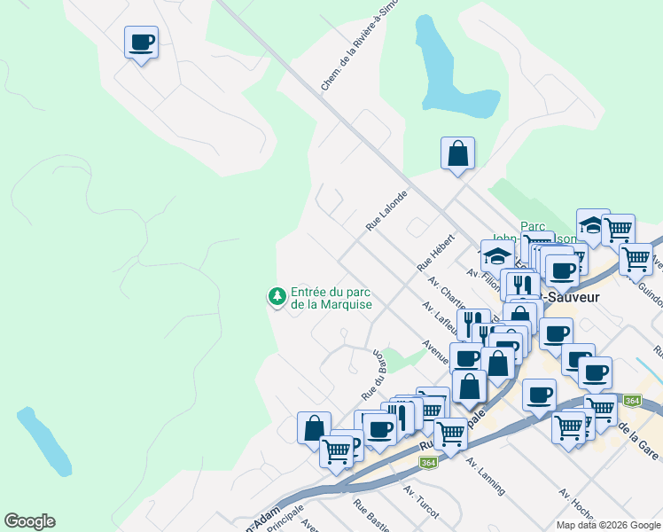 map of restaurants, bars, coffee shops, grocery stores, and more near 130 Avenue Saint Jacques in Saint-Sauveur