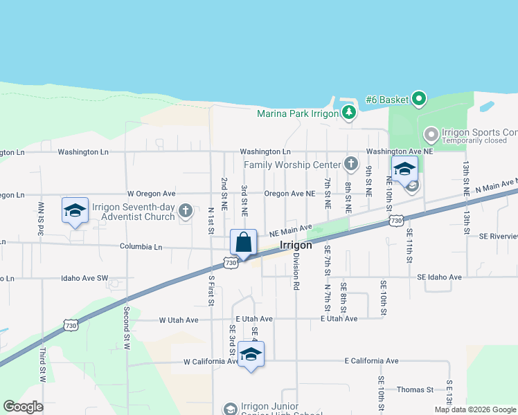 map of restaurants, bars, coffee shops, grocery stores, and more near 285 3rd Street Northeast in Irrigon