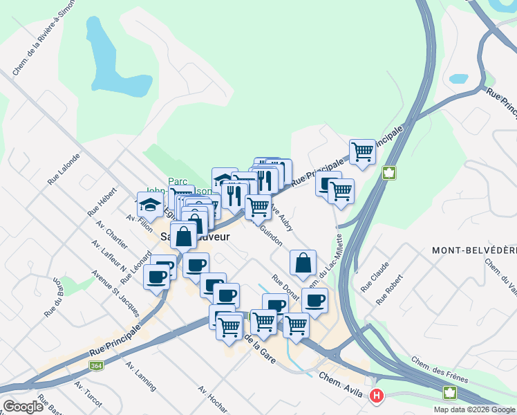 map of restaurants, bars, coffee shops, grocery stores, and more near 150 Rue Principale in Saint-Sauveur