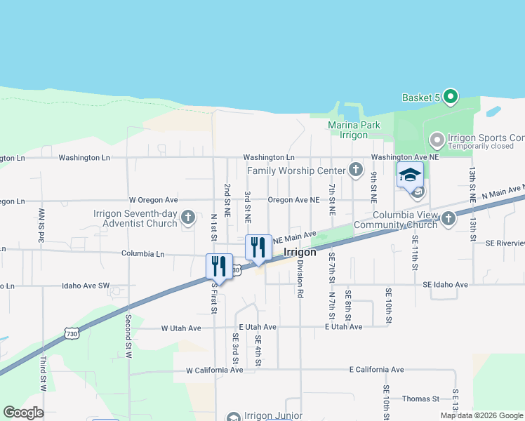 map of restaurants, bars, coffee shops, grocery stores, and more near 285 3rd Street Northeast in Irrigon