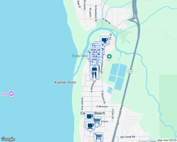 map of restaurants, bars, coffee shops, grocery stores, and more near 116 North Laurel Street in Cannon Beach