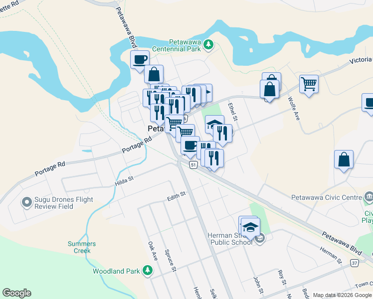 map of restaurants, bars, coffee shops, grocery stores, and more near 2 Mohns Avenue in Petawawa