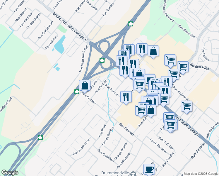 map of restaurants, bars, coffee shops, grocery stores, and more near Rue Perron in Drummondville
