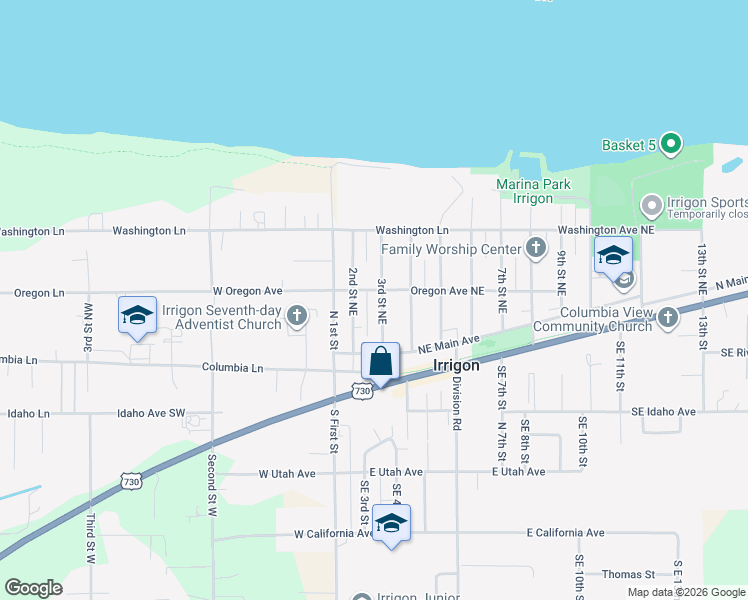 map of restaurants, bars, coffee shops, grocery stores, and more near 285 3rd Street Northeast in Irrigon