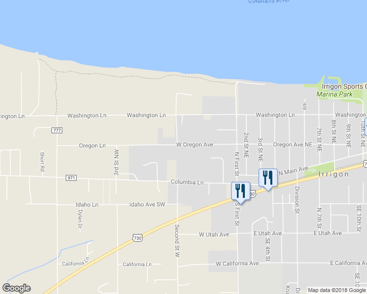map of restaurants, bars, coffee shops, grocery stores, and more near 140 Oregon Avenue Northwest in Irrigon