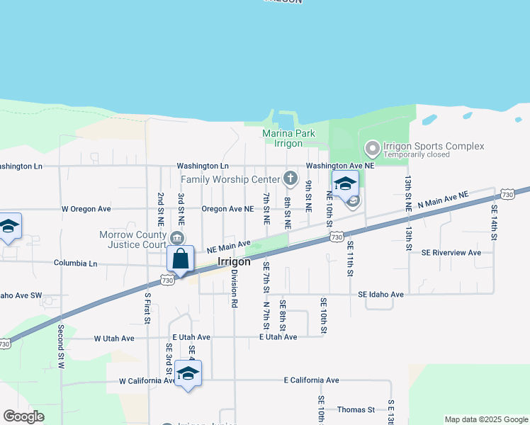 map of restaurants, bars, coffee shops, grocery stores, and more near 690 Oregon Avenue Northeast in Irrigon