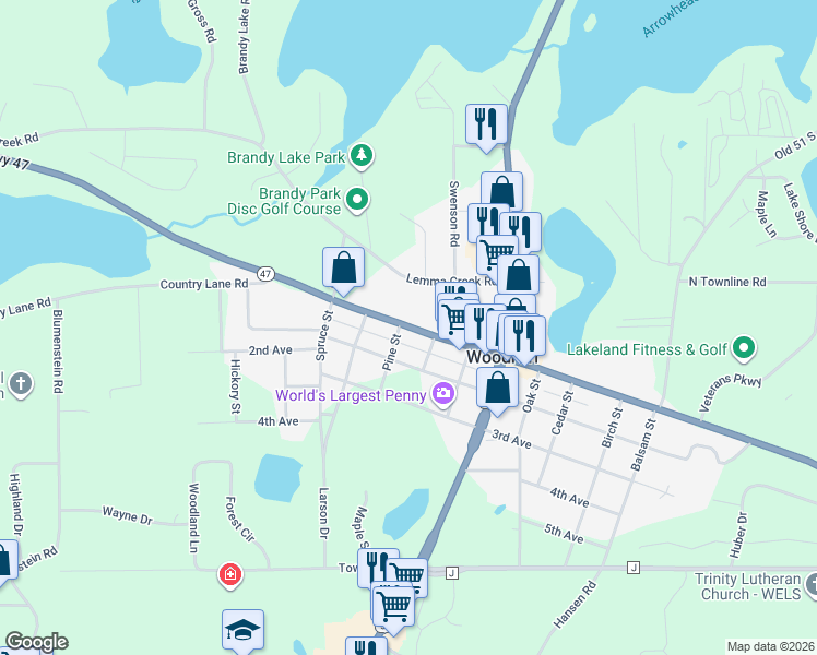 map of restaurants, bars, coffee shops, grocery stores, and more near 715 1st Avenue in Woodruff