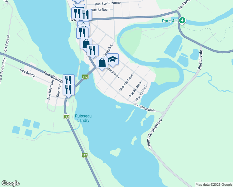 map of restaurants, bars, coffee shops, grocery stores, and more near 169 Avenue Champlain in Disraeli