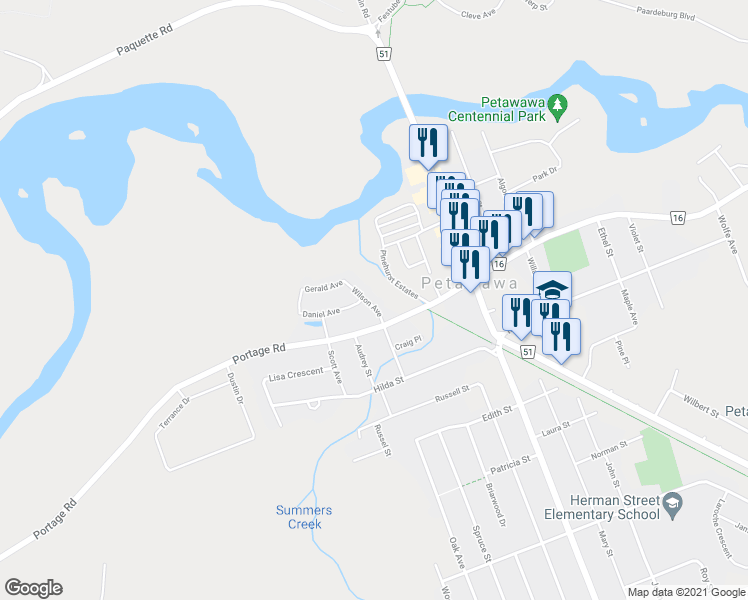 map of restaurants, bars, coffee shops, grocery stores, and more near 22 Wilson Road in Petawawa