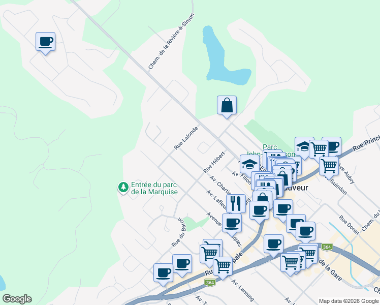 map of restaurants, bars, coffee shops, grocery stores, and more near 81 Avenue Chartier in Saint-Sauveur