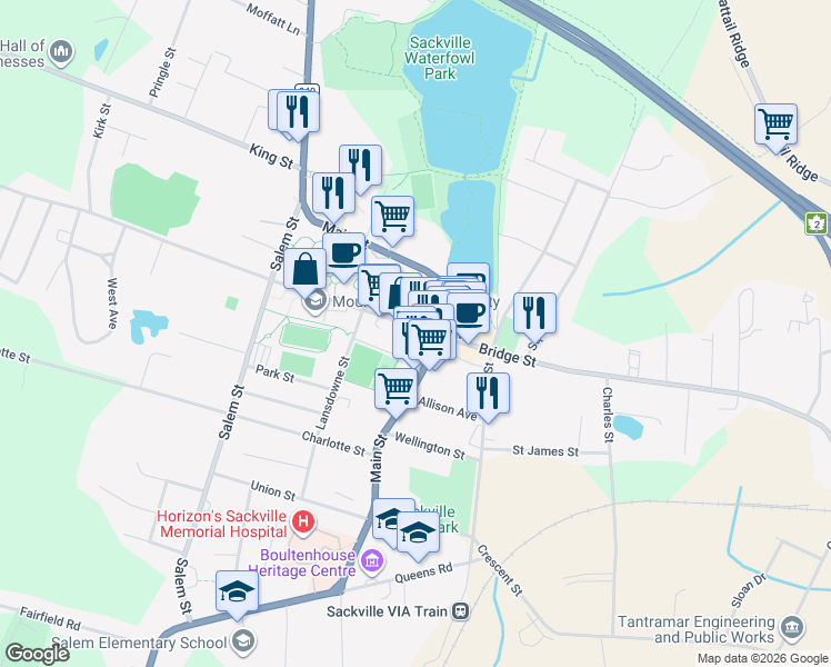 map of restaurants, bars, coffee shops, grocery stores, and more near 24 York Street in Sackville