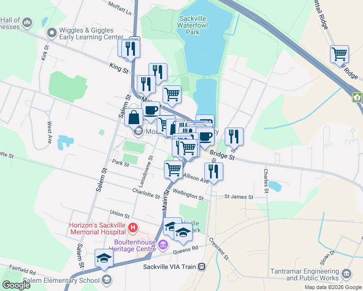 map of restaurants, bars, coffee shops, grocery stores, and more near 24 York Street in Sackville