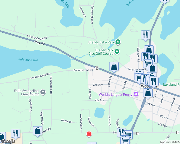 map of restaurants, bars, coffee shops, grocery stores, and more near 215 Country Lane Road in Woodruff