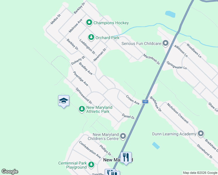 map of restaurants, bars, coffee shops, grocery stores, and more near 82 Crown Avenue in New Maryland