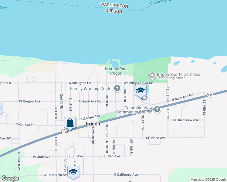 map of restaurants, bars, coffee shops, grocery stores, and more near 355 8th Street Northeast in Irrigon