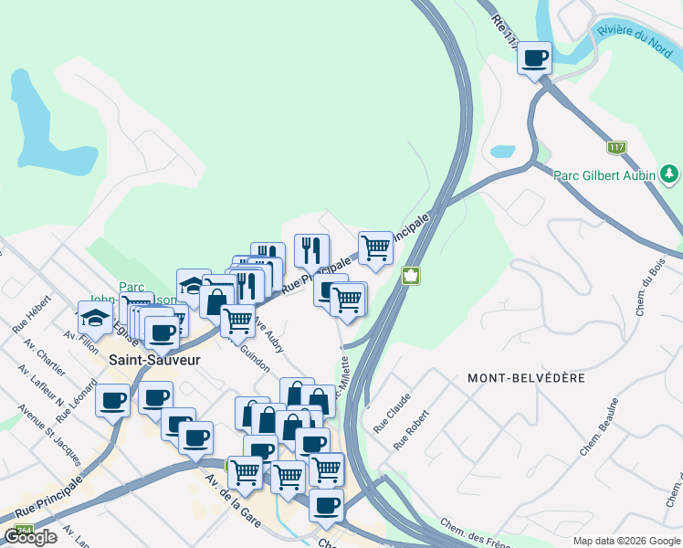 map of restaurants, bars, coffee shops, grocery stores, and more near 70 Rue Principale in Saint-Sauveur