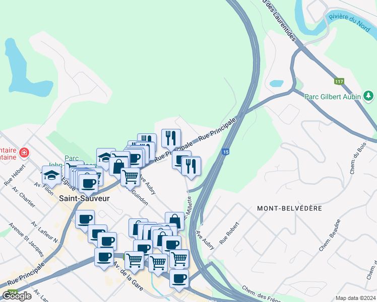 map of restaurants, bars, coffee shops, grocery stores, and more near 70 Rue Principale in Saint-Sauveur
