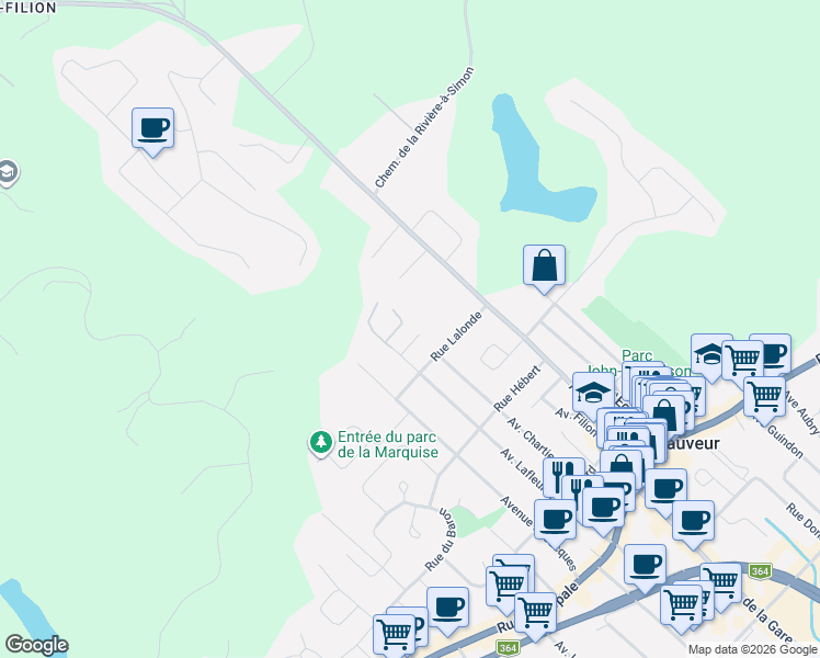map of restaurants, bars, coffee shops, grocery stores, and more near 237 Place de la Lisière in Saint-Sauveur