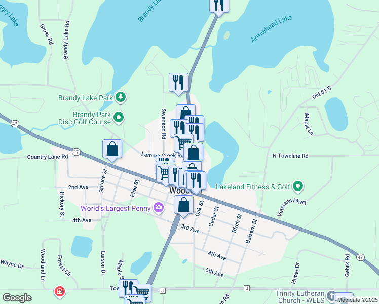 map of restaurants, bars, coffee shops, grocery stores, and more near 103 Elm St in Woodruff