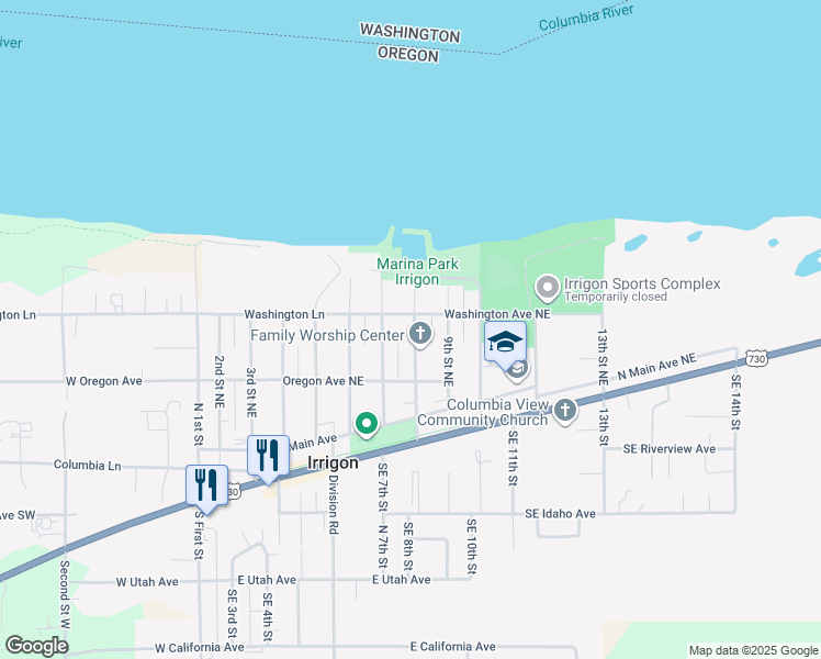 map of restaurants, bars, coffee shops, grocery stores, and more near 355 8th Street Northeast in Irrigon