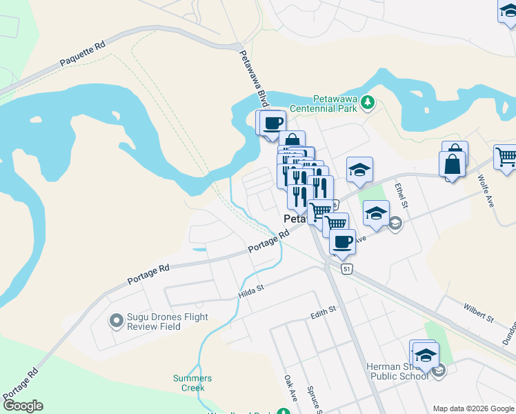 map of restaurants, bars, coffee shops, grocery stores, and more near 73 Pinehurst Estates in Petawawa