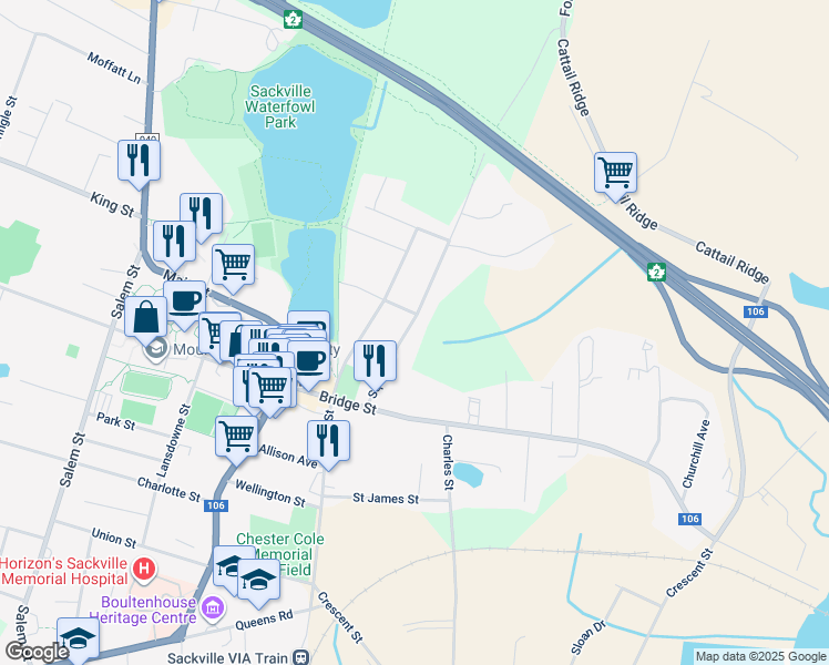 map of restaurants, bars, coffee shops, grocery stores, and more near 25 Squire Street in Sackville