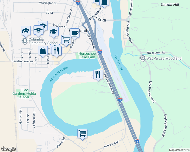 map of restaurants, bars, coffee shops, grocery stores, and more near 38308 Lakeshore Drive in Woodland