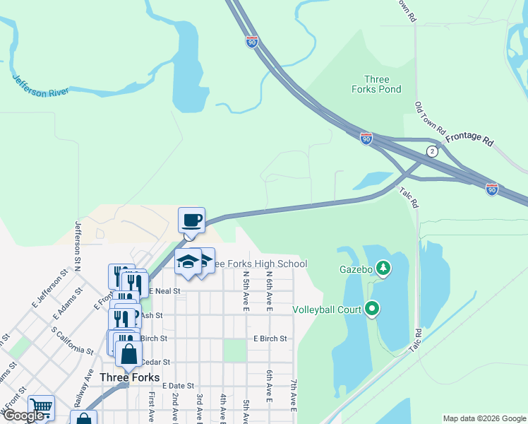 map of restaurants, bars, coffee shops, grocery stores, and more near 16 Frontage Road in Three Forks