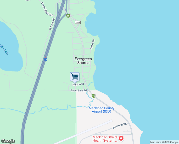 map of restaurants, bars, coffee shops, grocery stores, and more near 1617 Shore Drive in St. Ignace