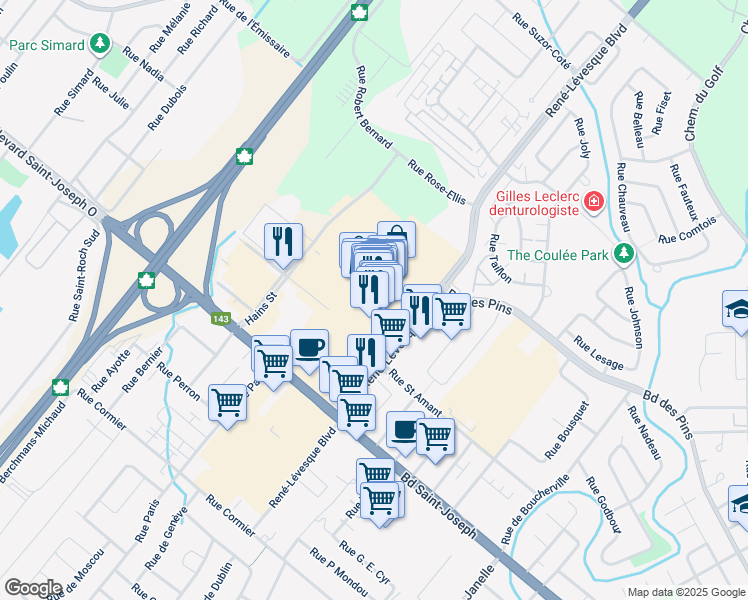 map of restaurants, bars, coffee shops, grocery stores, and more near 755 Boulevard René Lévesque in Drummondville