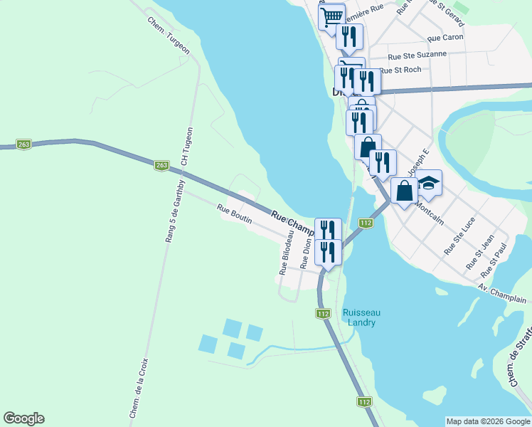 map of restaurants, bars, coffee shops, grocery stores, and more near 280 Rue Champagnat in Disraeli