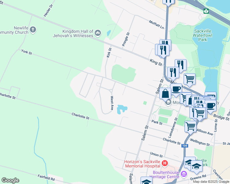 map of restaurants, bars, coffee shops, grocery stores, and more near 6 West Avenue in Sackville