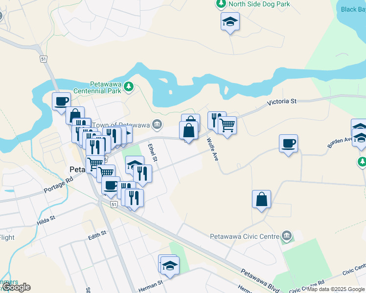 map of restaurants, bars, coffee shops, grocery stores, and more near 1150 Victoria Street in Petawawa