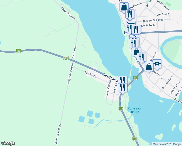 map of restaurants, bars, coffee shops, grocery stores, and more near 341 Rue Boutin in Disraeli