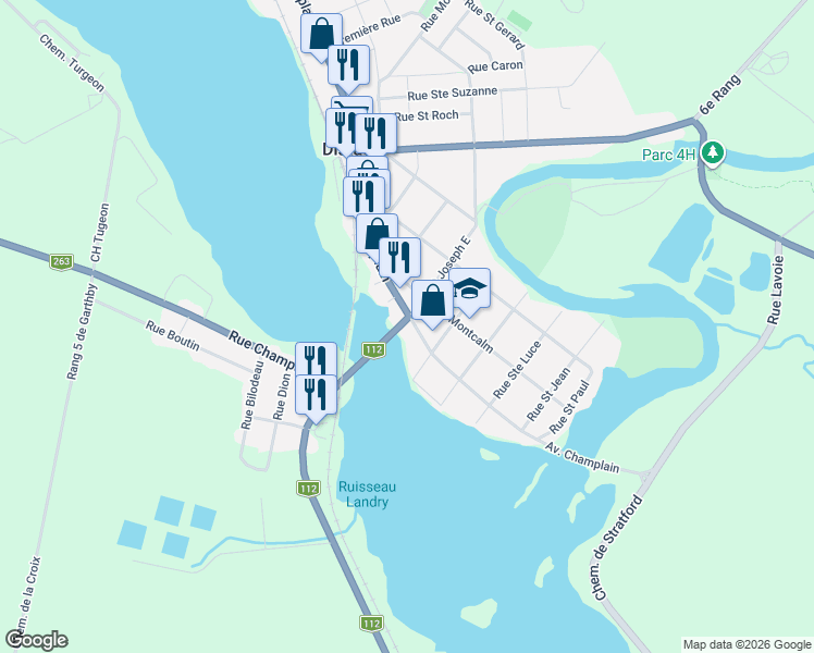 map of restaurants, bars, coffee shops, grocery stores, and more near 92 Rue Saint Joseph Est in Disraeli