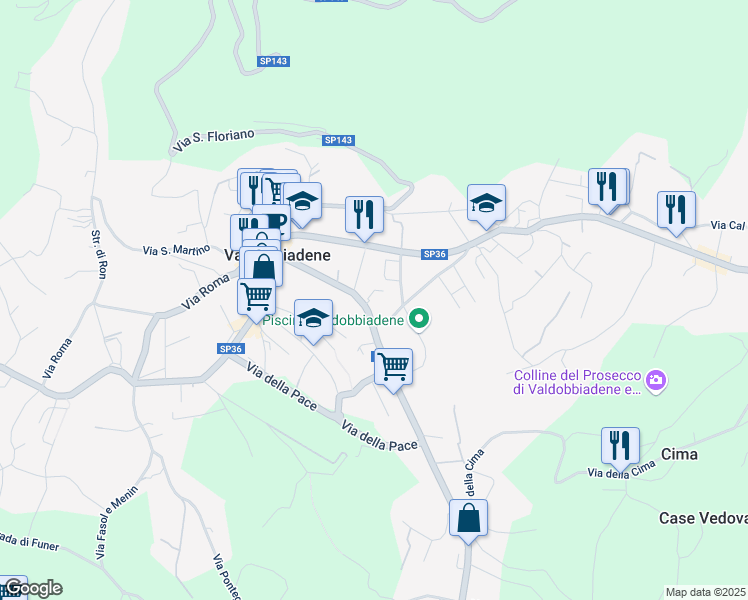 map of restaurants, bars, coffee shops, grocery stores, and more near 63 Viale Mazzini in Valdobbiadene
