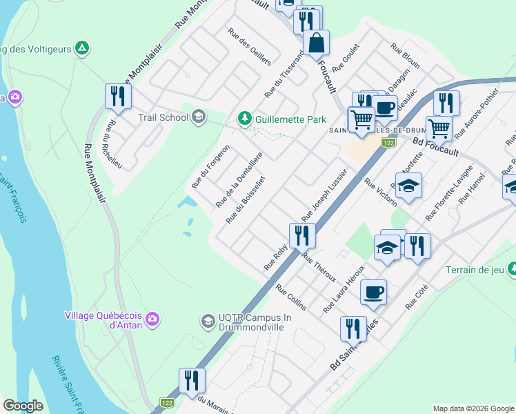 map of restaurants, bars, coffee shops, grocery stores, and more near 725 Rue Armand in Drummondville