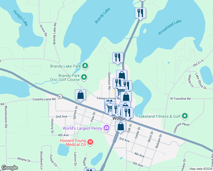 map of restaurants, bars, coffee shops, grocery stores, and more near 141 Swenson Road in Woodruff