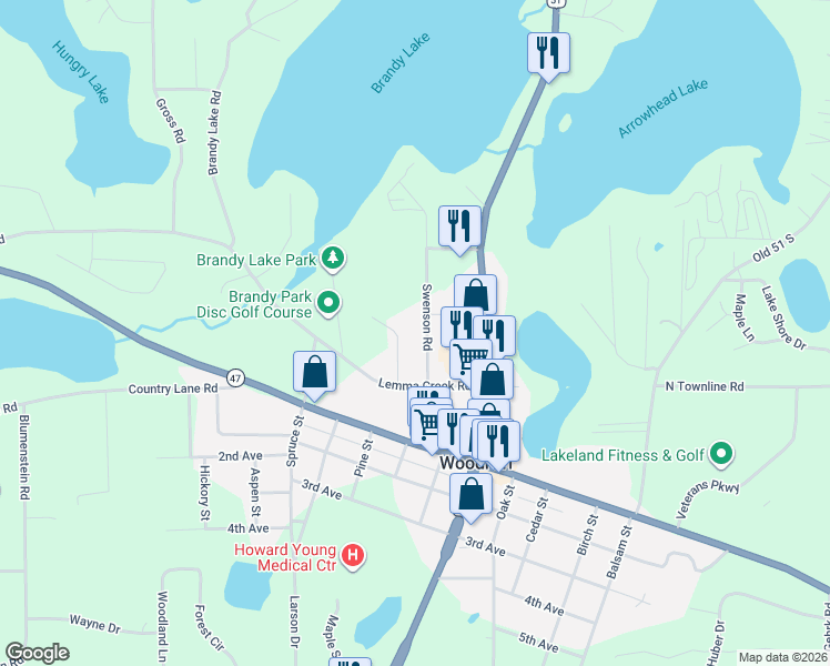 map of restaurants, bars, coffee shops, grocery stores, and more near 141 Swenson Road in Woodruff