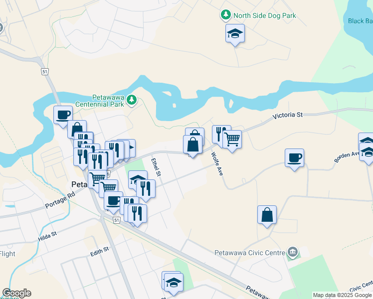 map of restaurants, bars, coffee shops, grocery stores, and more near 1145 Victoria Street in Petawawa