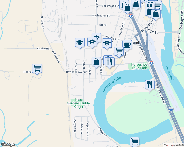 map of restaurants, bars, coffee shops, grocery stores, and more near 421 Davidson Avenue in Woodland