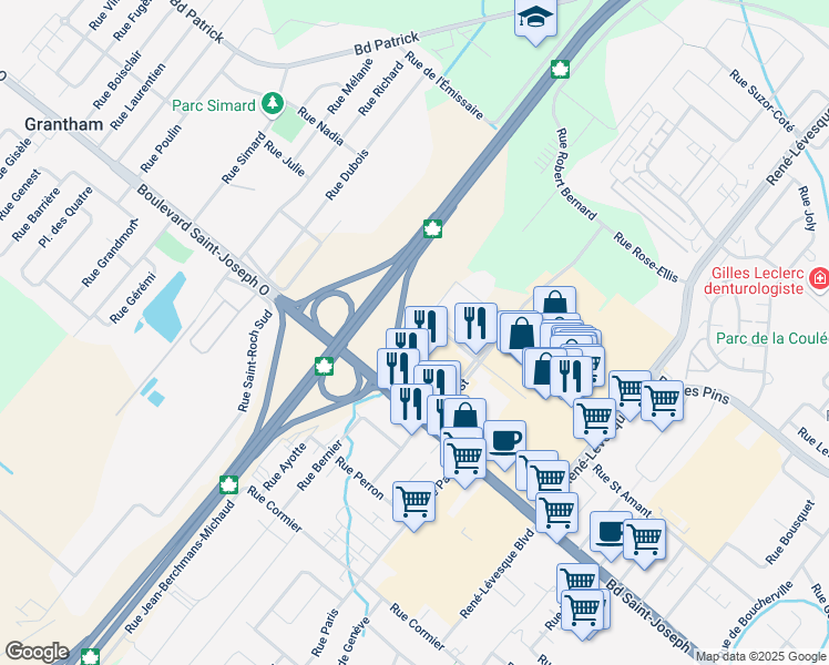 map of restaurants, bars, coffee shops, grocery stores, and more near 80 Rue Belleville in Drummondville