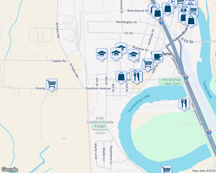 map of restaurants, bars, coffee shops, grocery stores, and more near 617 Bozarth Avenue in Woodland