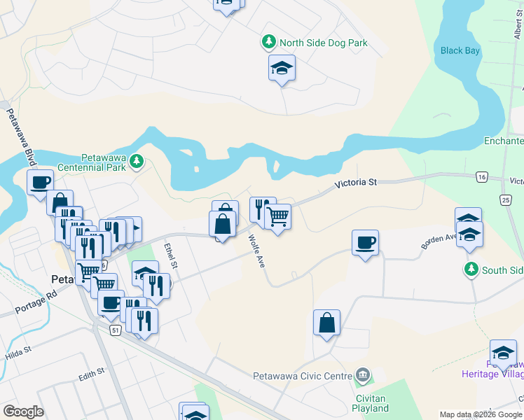 map of restaurants, bars, coffee shops, grocery stores, and more near 36 Northbrook Road in Petawawa