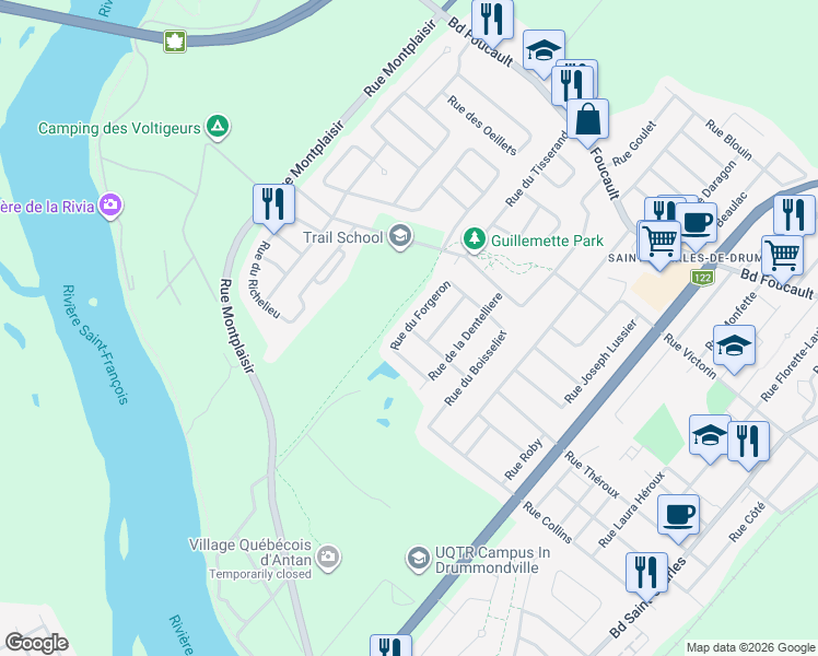 map of restaurants, bars, coffee shops, grocery stores, and more near Rue du Forgeron in Drummondville