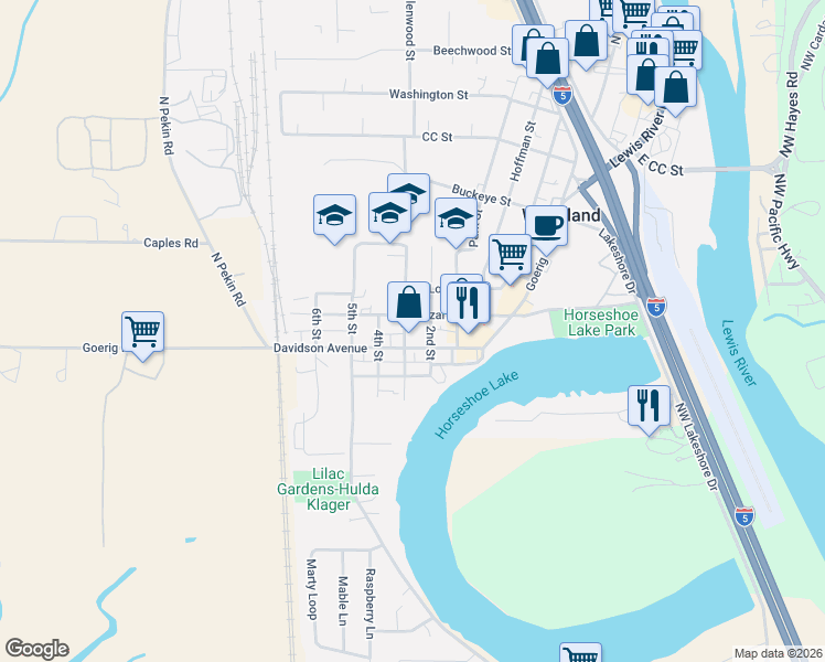 map of restaurants, bars, coffee shops, grocery stores, and more near 526 3rd Street in Woodland