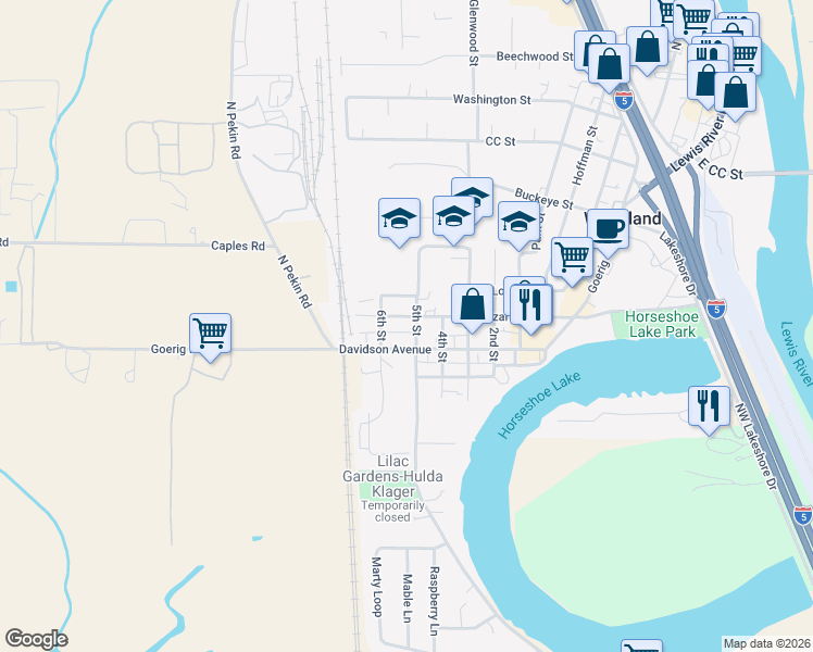 map of restaurants, bars, coffee shops, grocery stores, and more near 617 Bozarth Ave in Woodland