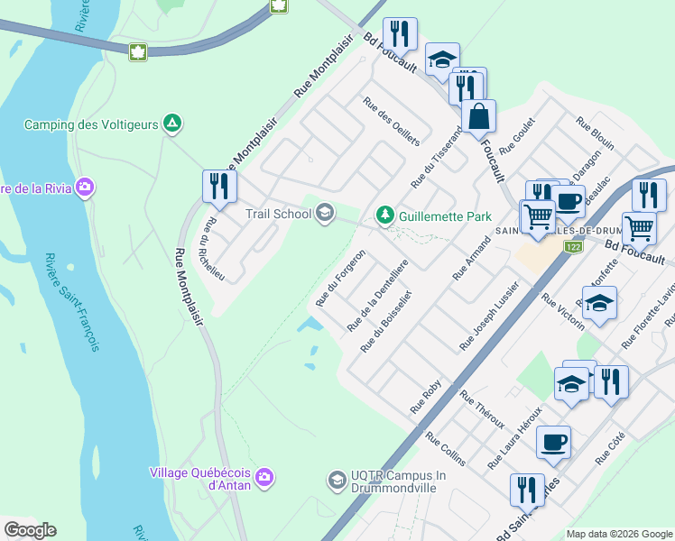 map of restaurants, bars, coffee shops, grocery stores, and more near 735 Rue du Forgeron in Drummondville